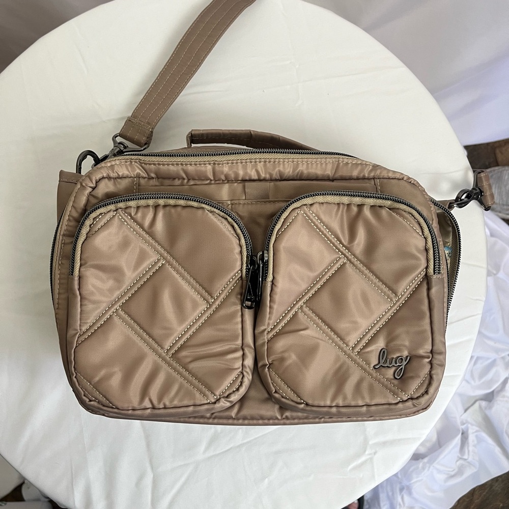 lug Taupe Quilted Messenger Bag with Front Pockets 12W X 8H X 4D